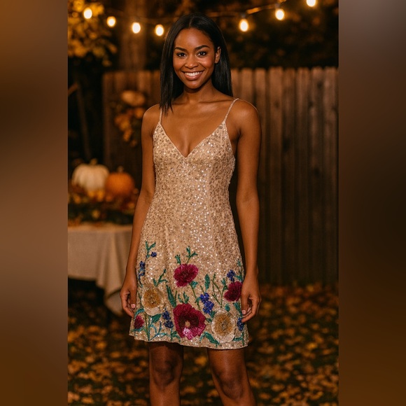 Mac Duggal Sequin Floral Mini Dress in Gold and Multicolor - Picture 1 of 11